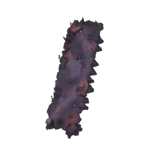 Modèle 3D d'un diorama de terrain sombre et déchiqueté avec des structures anguleuses dispersées, rendu sur fond blanc.