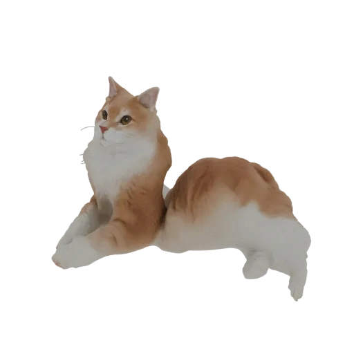 A realistic 3D model of an orange tabby cat lying down with its head turned to the side, showcasing its fur patterns.