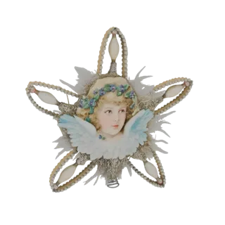 3D model of a vintage star ornament with a cherubic angel face, blue floral wreath, and pearl-like bead accents.