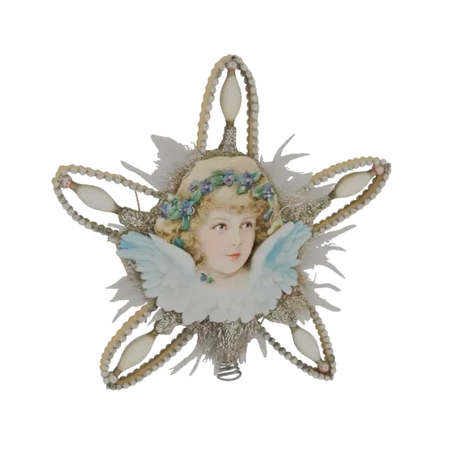 3D model of a vintage star ornament with a cherubic angel face, blue floral wreath, and pearl-like bead accents.