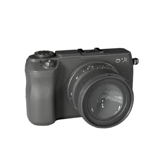 Mirrorless Drone Camera Realistic 3D model, three-quarter studio render, showing textured grips, lens barrels.