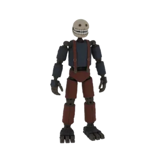 3D model of a creepy smiling robot with a skeletal head, wearing a blue shirt and red suspenders, standing upright.