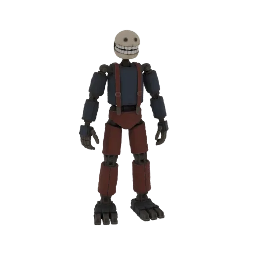 Modello 3D di un robot sorridente da brivido con testa scheletrica, camicia blu e bretelle rosse, in piedi.