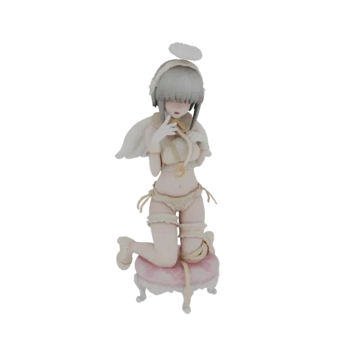 3D model of an angel girl with white wings and halo, kneeling on a pink ottoman, wearing white lingerie.