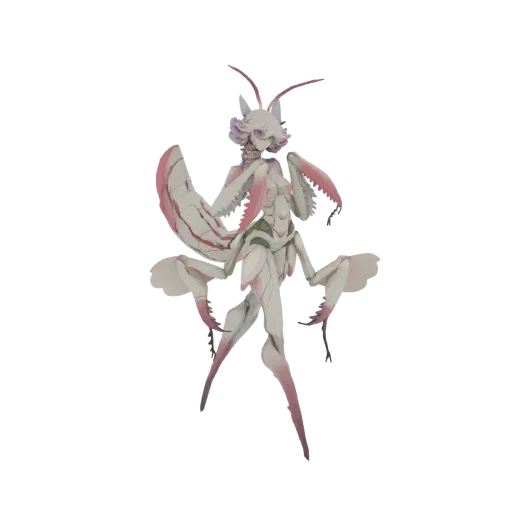 Modelo 3D de Mantis Orquídea Guerrero antropomórfico con delicado color rosa y blanco, en pose dinámica.