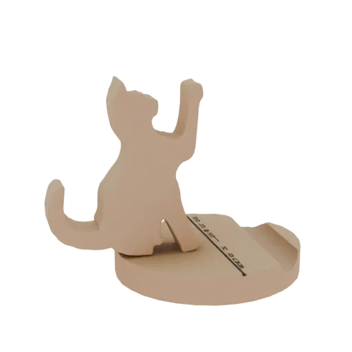 3D-Modell-Rendering einer hellbeigen, stilisierten Katze in verspielter Pose, die eine Pfote hebt, mit eingerolltem Schwanz,