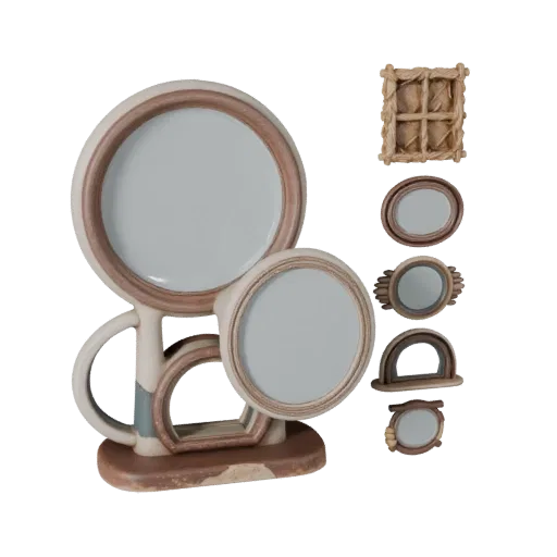 Boho Mirror game ready 3D model, front view studio render, with calibrated decor silhouette and material reads.