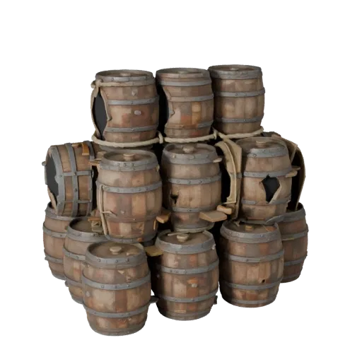 Weathered Barrel 3D model, three-quarter front view, Unity viewport, showing wood planks, stackable massing.