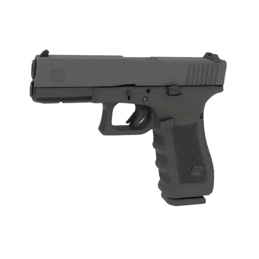 3D model of a Glock 17 pistol, shown from the side against a black background.