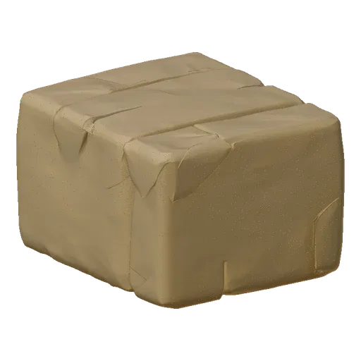 3D model of a beige box with folded edges, side view