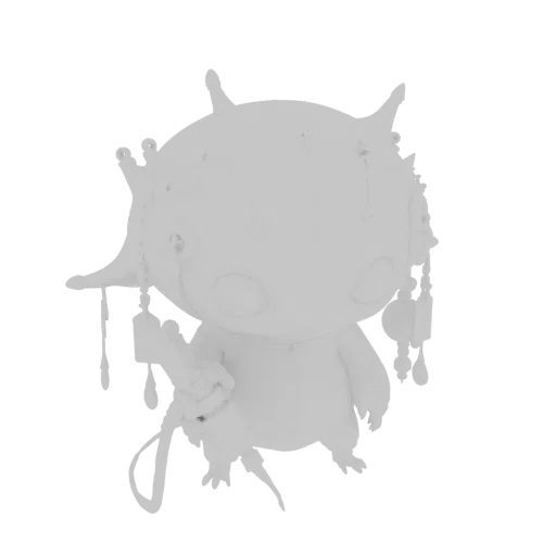 3D model of a grey steampunk creature with horns, large eyes, and a gun, featuring intricate mechanical details and dangling