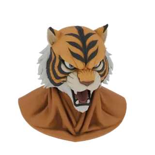 3D model of a fierce tiger mask with an open mouth, sharp teeth, and a flowing mane, rendered against a white background.