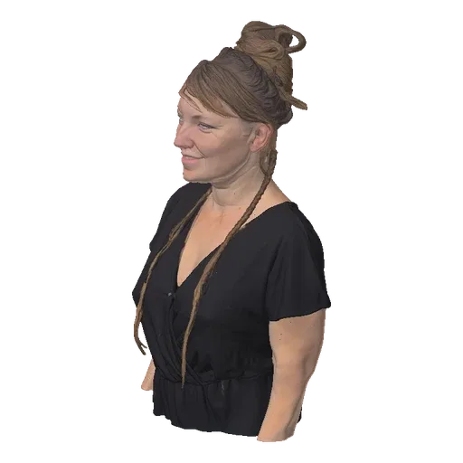 3D model of a woman with her hair in elaborate braids, wearing a black V-neck dress, viewed from the side.