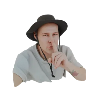 3D model of a man wearing a dark hat and making a shushing gesture with his finger to his lips, a rose tattoo visible on his