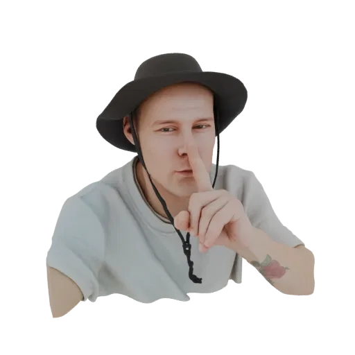 3D model of a man wearing a dark hat and making a shushing gesture with his finger to his lips, a rose tattoo visible on his