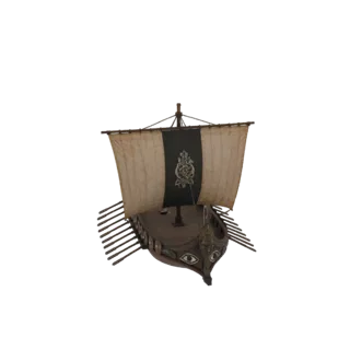 3D model of an Ancient Greek Trireme warship with a large sail, oars, and prominent eye emblems on the prow, set against a wh