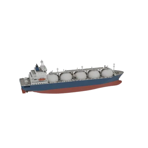 3D-Modell eines blau-roten LNG-Tankers mit großen kugelförmigen Ladetanks, isoliert auf schwarzem Hintergrund.