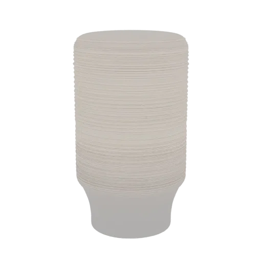A 3D model of a stack of white, ribbed paper bowls, presented on a white background.