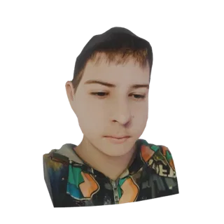 3D-Modell eines jungen Jungen mit kurzen braunen Haaren, der nach unten schaut und einen bunten Hoodie im Graffiti-Stil trägt
