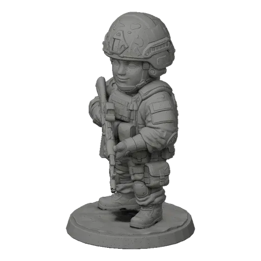 3D model of a chibi soldier wearing a helmet and tactical gear, holding an assault rifle, standing on a base.