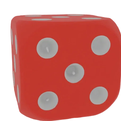 A 3D render of a red die with sharp edges, showing the number five with white pips.