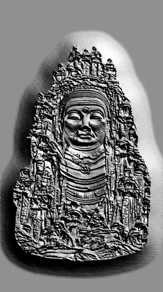 3D model of Buddha bas-relief with followers in engraving style, front view