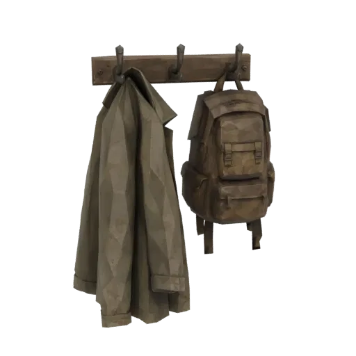 Low-Poly 3D-Modell eines beigen Trenchcoats und eines braunen Rucksacks, die an einer hölzernen Wandhakenleiste hängen.