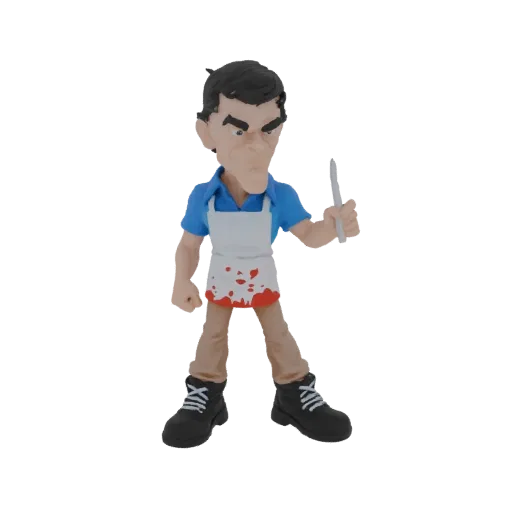 3D model of a stylized butcher man with a menacing expression, holding a knife and wearing a blood-splattered apron.