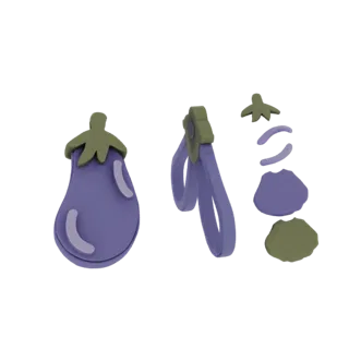A 3D render of a stylized purple eggplant with a green leafy top, set against a black background.