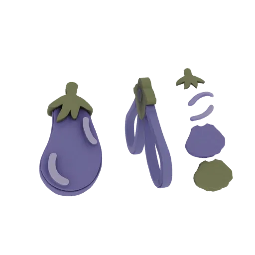 Ein 3D-Render einer stilisierten lila Aubergine mit grünem Blattwerk vor schwarzem Hintergrund.