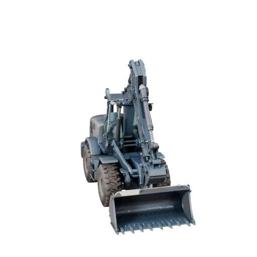 Roadwork Wheel Loader Stylized 3D model, stylized isometric render, showing painted steel, large mechanical silhouettes.