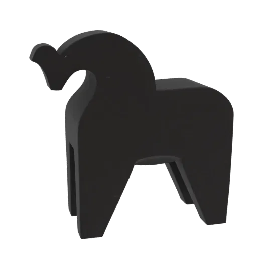 A 3D render of a black Dala horse figurine, presented on a white background.