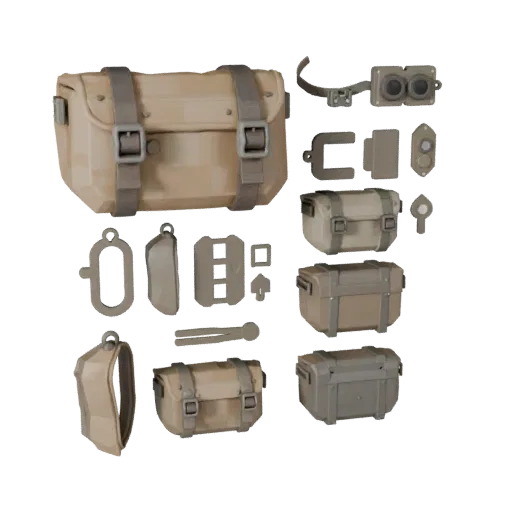 Desert Utility Pouch Low Poly 3D model, game viewport three-quarter view, showing canvas, packable silhouettes.
