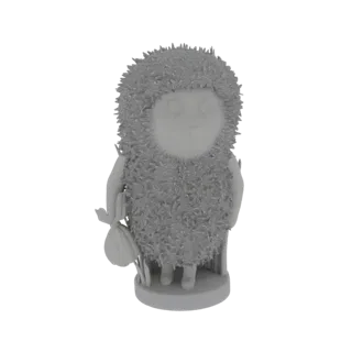 3D model render of a cute, fluffy hedgehog character dressed as a traveler, carrying a bundle on a stick, standing on a base