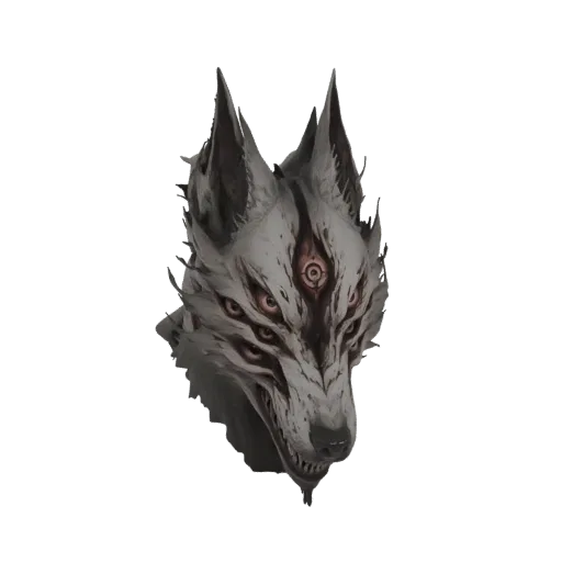 3D model of a wolf's head with multiple eerie eyes, sharp ears, and a fierce expression, rendered in grey and white tones.