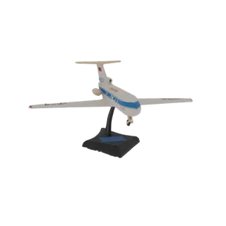 Modello 3D di un jet passeggeri Tupolev Tu-154 con fusoliera bianca, livrea blu e supporto espositivo nero, mostrato su sfond