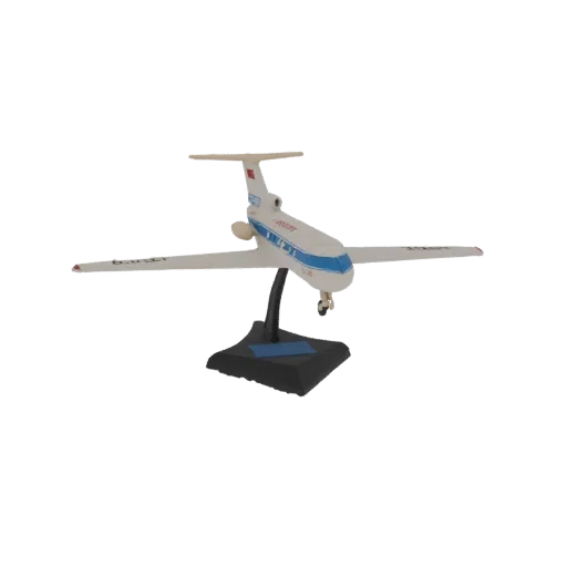 3D-Modell eines Tupolev Tu-154 Passagierflugzeugs mit weißem Rumpf, blauer Lackierung und schwarzem Präsentationsständer vor