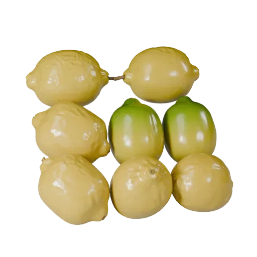 Lemon Stylized 3D model, stylized isometric render, showing skin pores, recognizable fruit forms.
