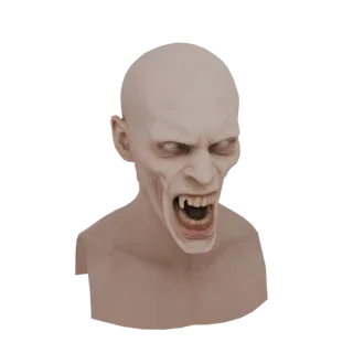 Ein 3D-Modell-Rendering einer blassen, kahlen Vampirmaske mit leuchtend weißen Augen und scharfen Reißzähnen, die in einem Kn
