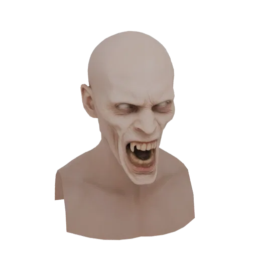 Una representación 3D de una máscara de vampiro pálida y calva con ojos blancos brillantes y colmillos afilados al descubiert