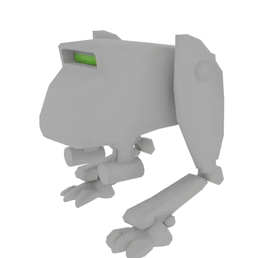 Modèle 3D d'une créature robotique sci-fi grise aux yeux verts lumineux, posée dynamiquement sur fond noir.