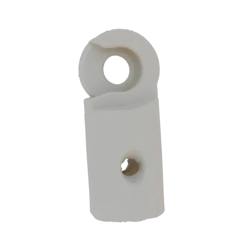 3D model of a white plastic bracket with a large circular opening at the top and a smaller hole on the side.