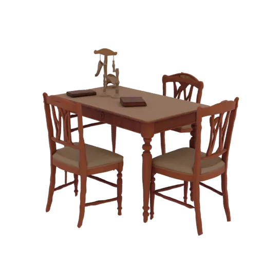 A 3D render of a classic wooden dining table with four chairs, featuring a warm wood finish and upholstered seats.