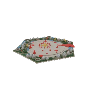 3D model of a fantasy game board terrain with mountains, rivers, and a central arena with red and yellow game pieces.