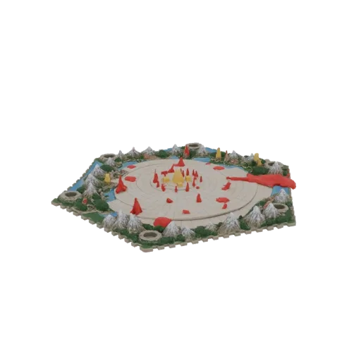 Modelo 3D de terreno de tabuleiro de jogo fantasia com montanhas, rios e arena central com peças de jogo vermelhas e amarelas