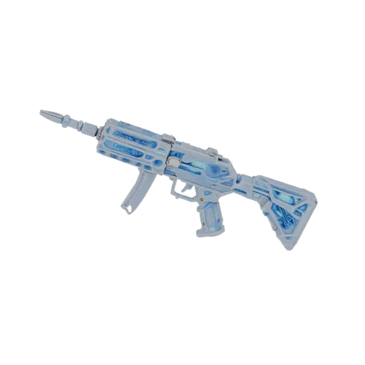 3D model of a crystal rifle with sharp edges and internal blue light vortices, on a white background