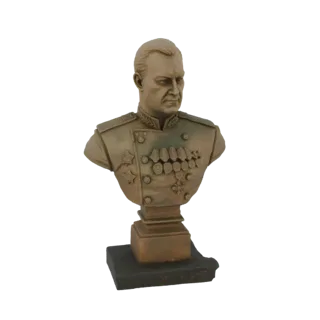 Modello 3D di un busto rifinito in bronzo di un Generale Sovietico che indossa un'uniforme adornata con più medaglie.