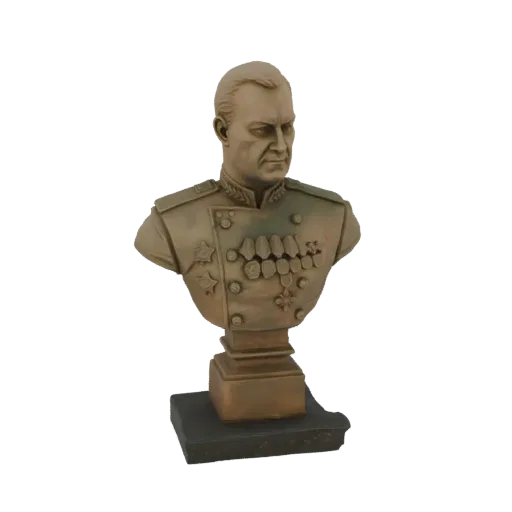 Modelo 3D de um busto com acabamento em bronze de um General Soviético vestindo um uniforme adornado com múltiplas medalhas.