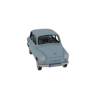 Ein 3D-Render einer hellblauen Kompaktlimousine der 1960er Jahre, von leicht erhöhter Front-Rechts-Ansicht, vor weißem Hinter