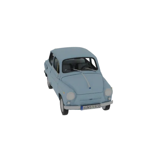 A 3D render of a light blue 1960s compact sedan, viewed from a slightly elevated front-right angle, against a white backgroun